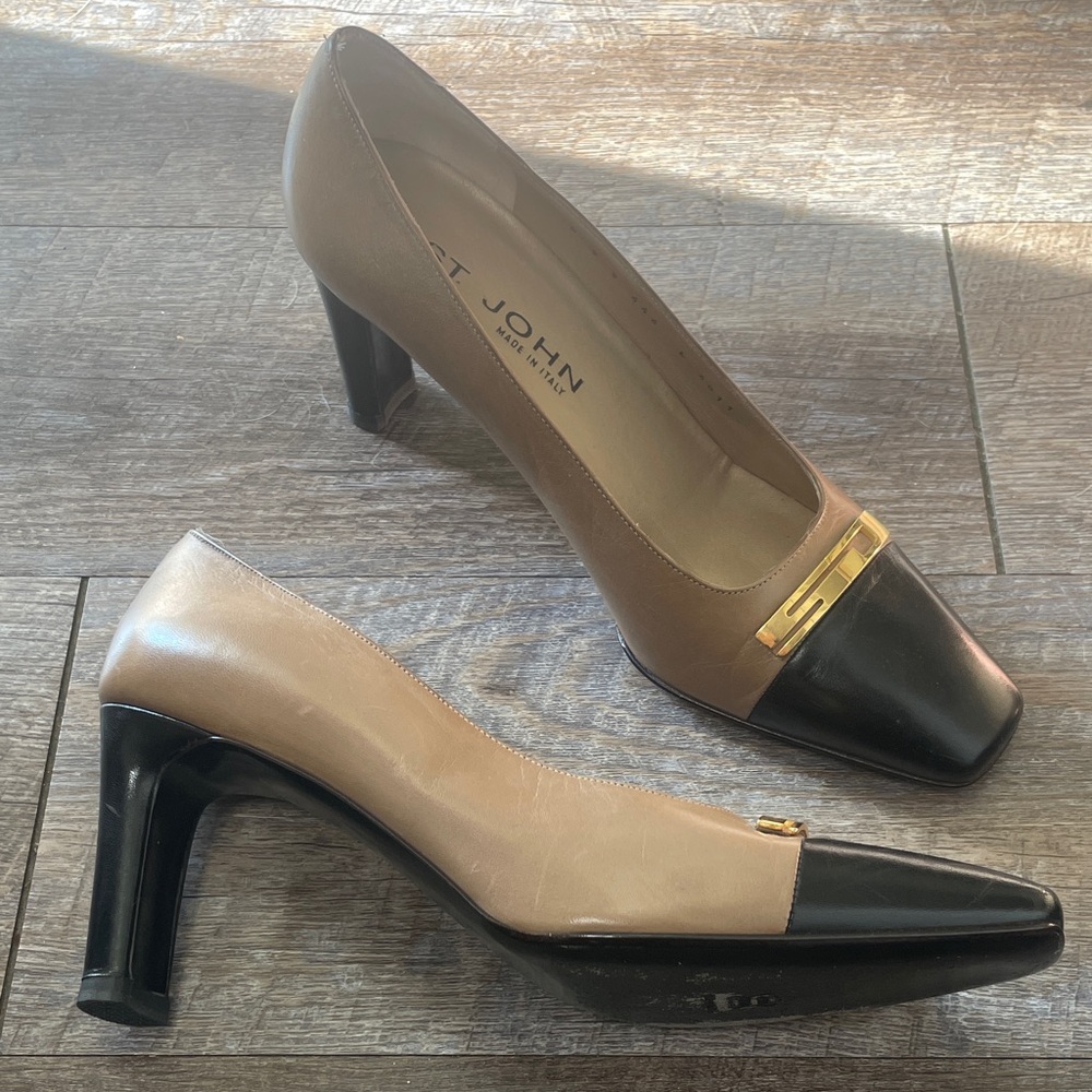 St. John Two-Tone Black and Tan Leather Block Toe Heels Vintage
